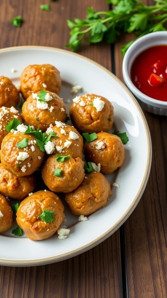 Golden turkey meatballs with feta cheese, garnished with parsley, served with marinara sauce on a rustic table.